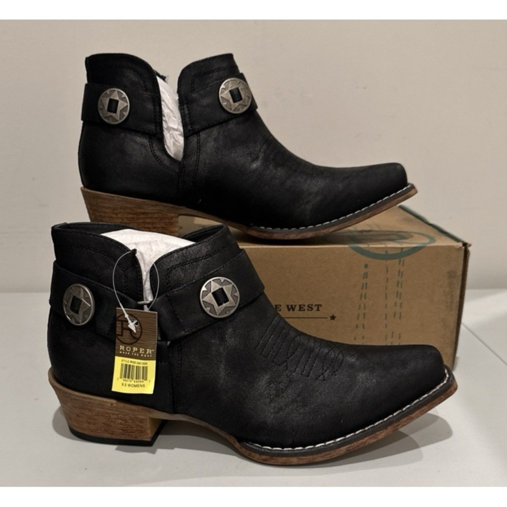 Roper Women Size 9.5 Ava Harness Snip Short Boot Black Leather Western Cowgirl